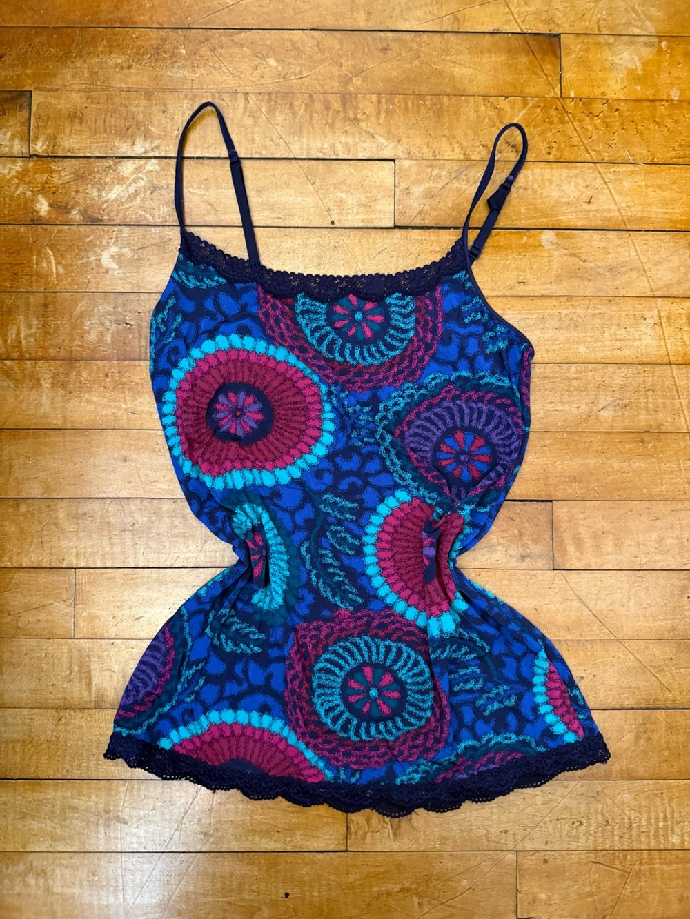 Jockey Y2K Vintage Blue Floral Lace-Trim Cami Top